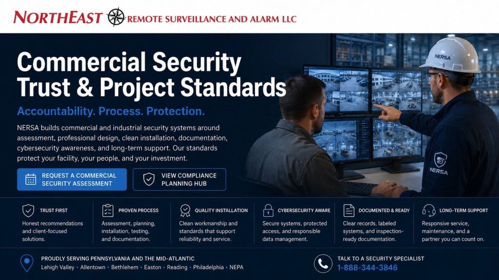 Commercial Security Trust and Project Standards hero showing NERSA branding, a white top logo banner, commercial security monitoring screens, technician consultation, documentation, cybersecurity awareness, and long-term support for industrial and commercial facilities.
