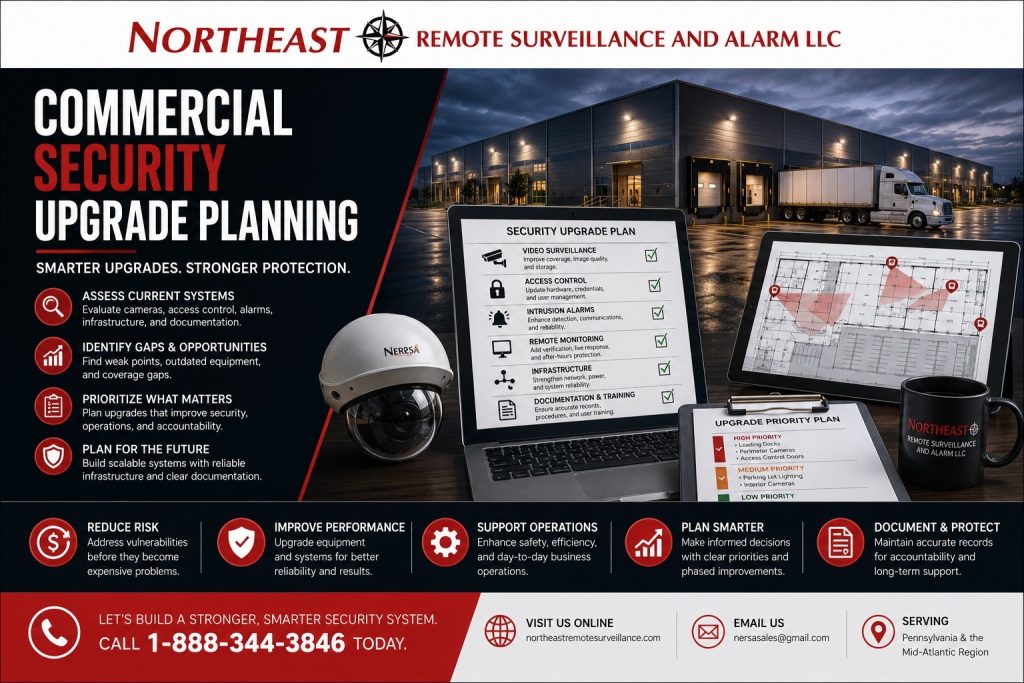 Commercial security upgrade planning for Northeast Remote Surveillance and Alarm, LLC showing a warehouse facility, security upgrade checklist, site plan, camera equipment, access control, alarms, monitoring, infrastructure, and documentation planning.