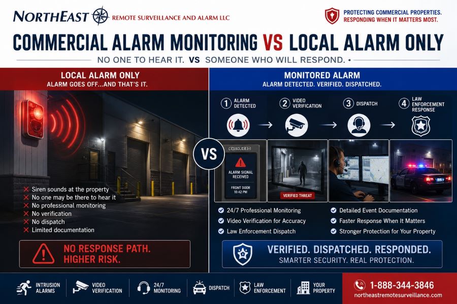 Commercial alarm monitoring vs local alarm-only hero for Northeast Remote Surveillance and Alarm, showing a local siren alarm with no response path compared to monitored alarm dispatch with video verification, professional monitoring, event documentation, and law enforcement response.