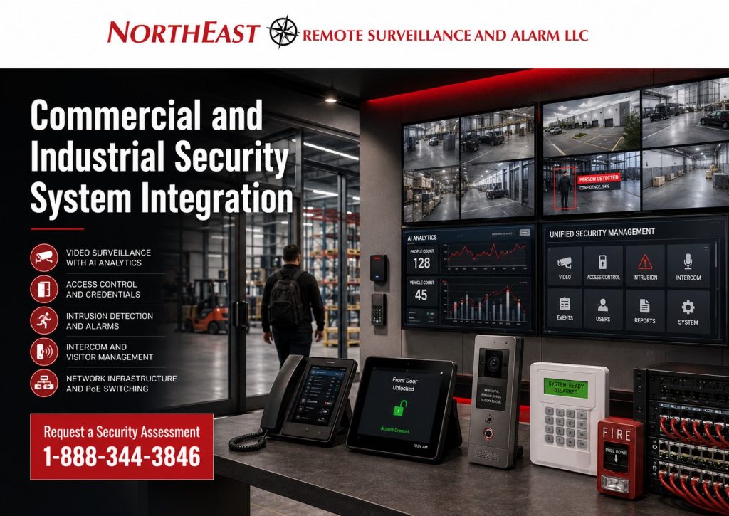 Commercial and industrial security system integration showing video surveillance monitors, access control devices, intrusion alarm equipment, intercom, AI analytics dashboard, PoE network switching, and unified security management for a commercial facility.