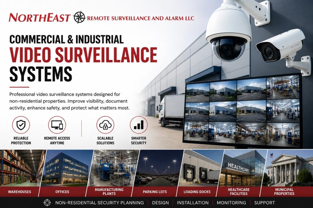 Commercial and industrial video surveillance systems by Northeast Remote Surveillance and Alarm, LLC for warehouses, offices, manufacturing plants, parking lots, and loading docks.