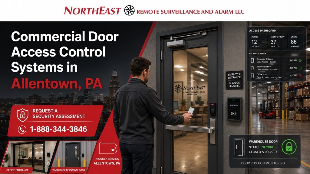 Commercial door access control systems in Allentown, PA showing a secured employee entrance, credential reader, monitored business door and complete controlled-opening system by Northeast Remote Surveillance and Alarm.