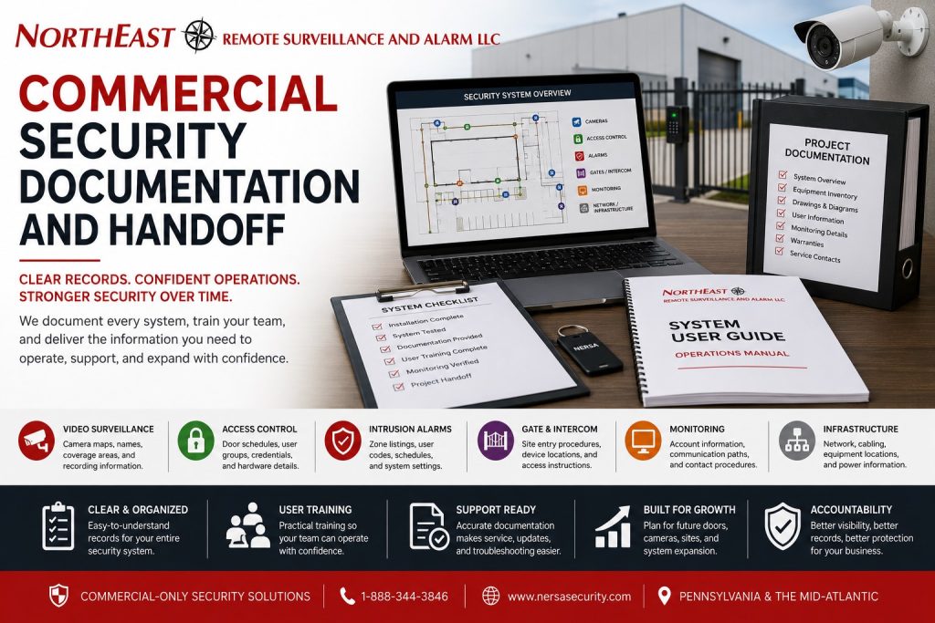Commercial Security Documentation and Handoff hero for Northeast Remote Surveillance and Alarm, showing system records, user guide, security checklist, camera, access control, alarms, gate intercom, monitoring, and infrastructure documentation for commercial security systems.