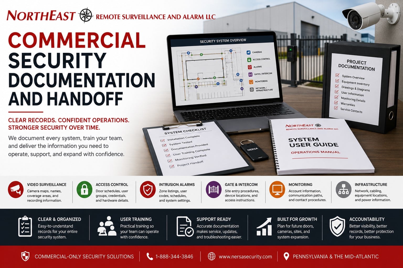 Commercial Security Documentation and Handoff hero for Northeast Remote Surveillance and Alarm, showing system records, user guide, security checklist, camera, access control, alarms, gate intercom, monitoring, and infrastructure documentation for commercial security systems.