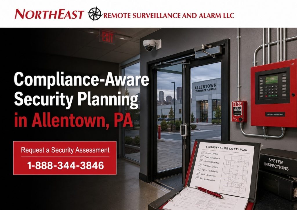 Compliance-aware security planning in Allentown PA showing access control, video surveillance, fire alarm coordination, OSHA-aware planning, ADA access control, PA UCC, NDAA cameras, inspection readiness, and Northeast Remote Surveillance and Alarm LLC branding.