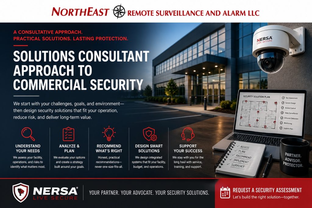Solutions consultant approach to commercial security hero showing NERSA branding, a commercial building, surveillance camera, security planning laptop, assessment checklist, and icons for risk review, planning, recommendations, system design, and long-term support.