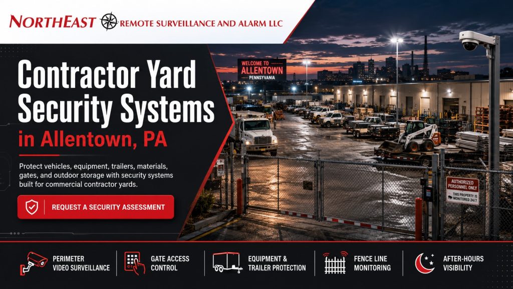 Contractor yard security systems in Allentown, PA showing a secured commercial yard with service vehicles, equipment, trailers, fencing, gate access control, perimeter cameras, lighting, and Northeast Remote Surveillance and Alarm, LLC branding.