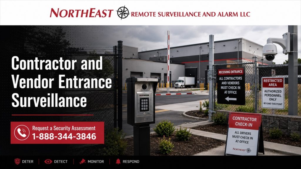 Contractor and vendor entrance surveillance graphic featuring an industrial service gate, receiving entrance, contractor check-in signage, access keypad, surveillance cameras, restricted-area control, security assessment CTA, and Northeast Remote Surveillance and Alarm, LLC branding.