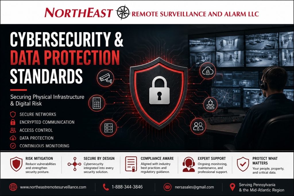 Cybersecurity and data protection standards for Northeast Remote Surveillance and Alarm, LLC showing a digital shield, padlock, surveillance monitoring center, network connections, access control, and secure commercial security infrastructure.