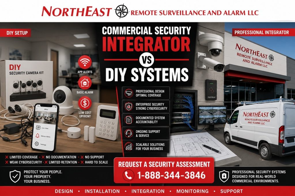 Commercial security integrator vs DIY security systems comparison graphic by Northeast Remote Surveillance and Alarm, LLC showing DIY cameras and app-based alarms beside a professionally designed commercial security system with cameras, access control, alarm equipment, structured cabling, and network infrastructure.