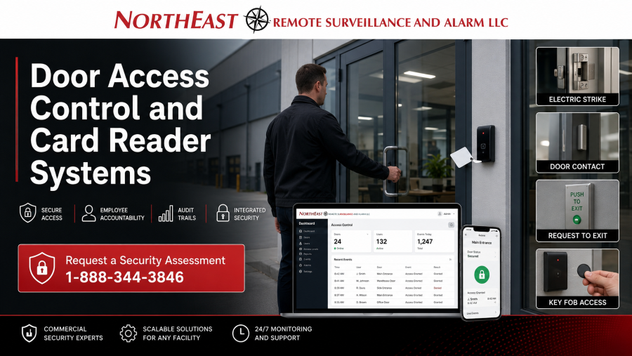 Door access control and card reader system for a commercial facility showing key card readers, access-controlled doors, electric door hardware, employee credentials, door contacts, request-to-exit devices, and security management software.