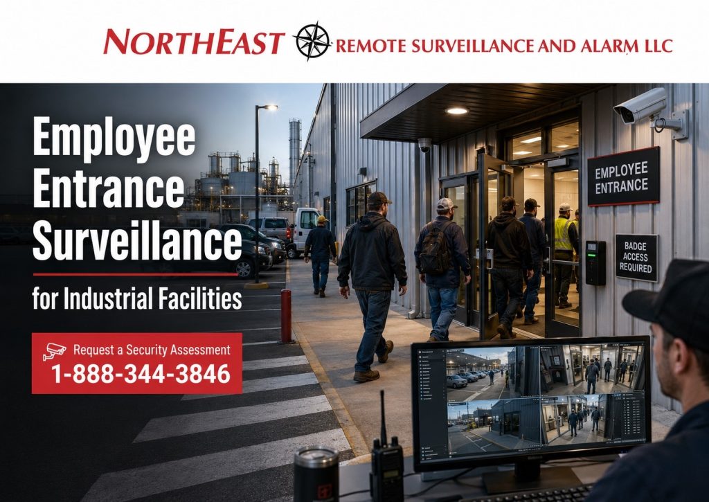 Industrial employee entrance surveillance system showing workers entering a manufacturing facility during shift change, badge access control, exterior camera coverage, parking lot transition monitoring, and security video review with Northeast Remote Surveillance and Alarm branding.