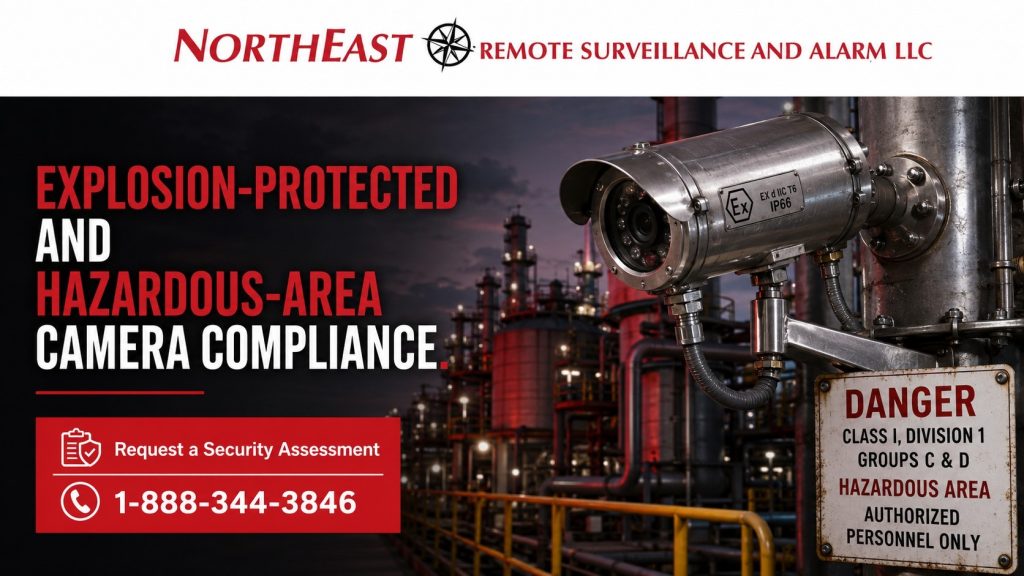 Explosion-protected and hazardous-area camera compliance graphic showing industrial security cameras, classified-area markings, chemical processing equipment, combustible dust areas, monitoring screens, NFPA/OSHA compliance references, and Northeast Remote Surveillance and Alarm LLC branding.