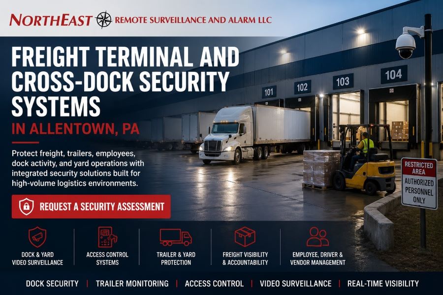 Freight terminal and cross-dock security systems in Allentown, PA showing a logistics facility with dock doors, trailers, forklift activity, staged freight, restricted-area signage, surveillance cameras, and Northeast Remote Surveillance and Alarm, LLC branding.