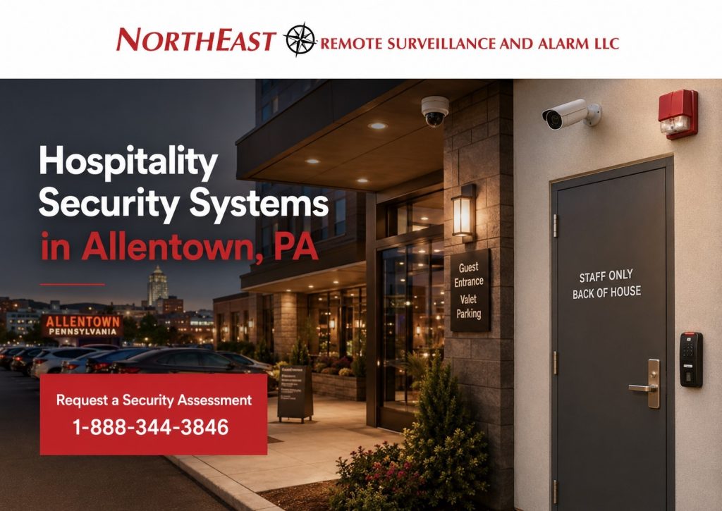 Hospitality security systems in Allentown PA showing hotel security, restaurant cameras, parking lot surveillance, access control, panic buttons, intrusion alarms, and Northeast Remote Surveillance and Alarm LLC branding.