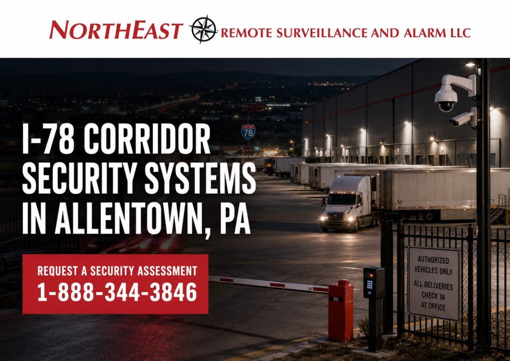 I-78 corridor security systems in Allentown PA showing warehouse security, truck yard cameras, access control, LPR cameras, alarms, remote monitoring, and Northeast Remote Surveillance and Alarm LLC branding.