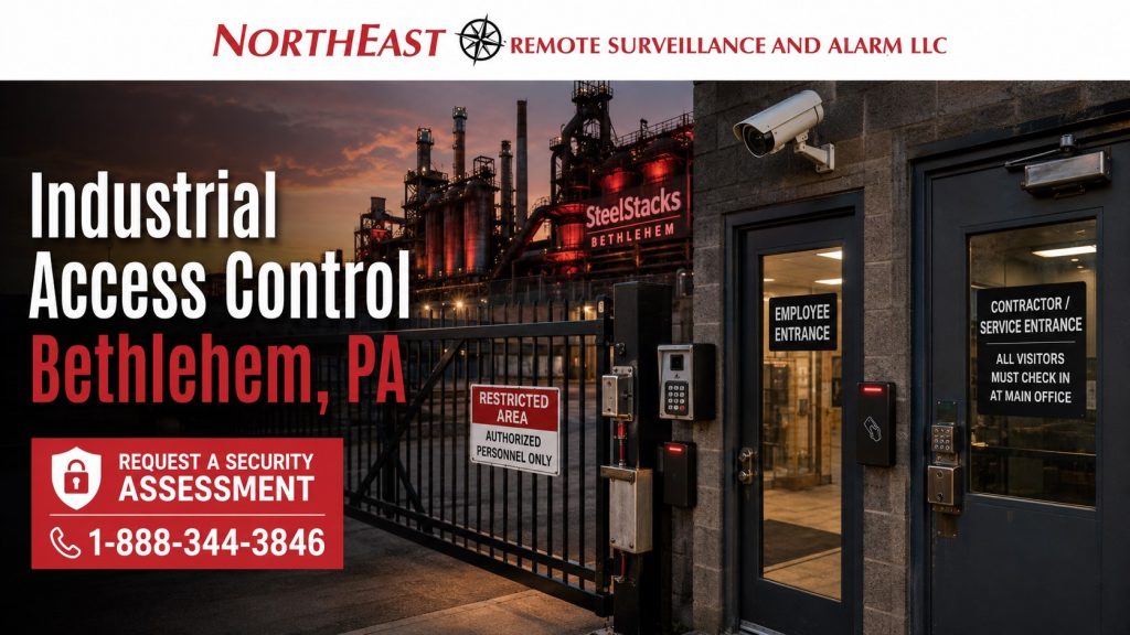Industrial access control in Bethlehem, PA graphic featuring Bethlehem Steel and SteelStacks background, access-controlled industrial gates, employee entrances, contractor doors, badge readers, electrified locking hardware, restricted-area control, surveillance integration, and Northeast Remote Surveillance and Alarm, LLC branding.