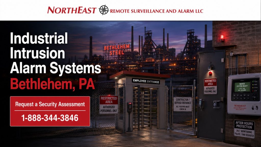 Industrial Intrusion Alarm Systems NERSA Industrial intrusion alarm systems in Bethlehem, PA graphic featuring Bethlehem industrial security, alarm protection for production facilities, employee and contractor access points, restricted-area protection, monitored industrial entry points, and Northeast Remote Surveillance and Alarm, LLC branding.
