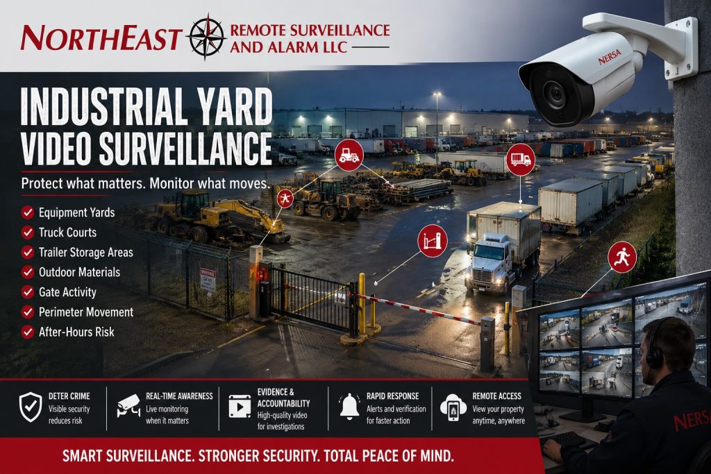 Industrial yard video surveillance graphic featuring exterior industrial cameras monitoring equipment yards, truck courts, trailer storage areas, outdoor materials, gate activity, perimeter movement, after-hours risk, and Northeast Remote Surveillance and Alarm, LLC branding.