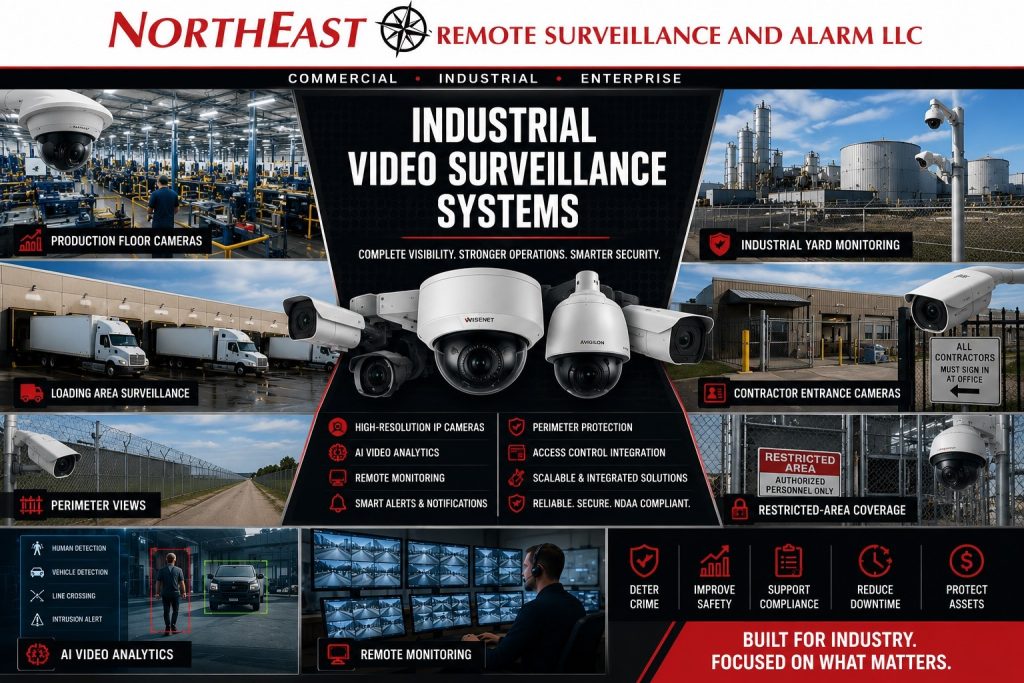 Industrial video surveillance systems graphic featuring production floor cameras, industrial yard monitoring, loading area surveillance, contractor entrance cameras, perimeter views, restricted-area coverage, AI video analytics, remote monitoring, and Northeast Remote Surveillance and Alarm, LLC branding.