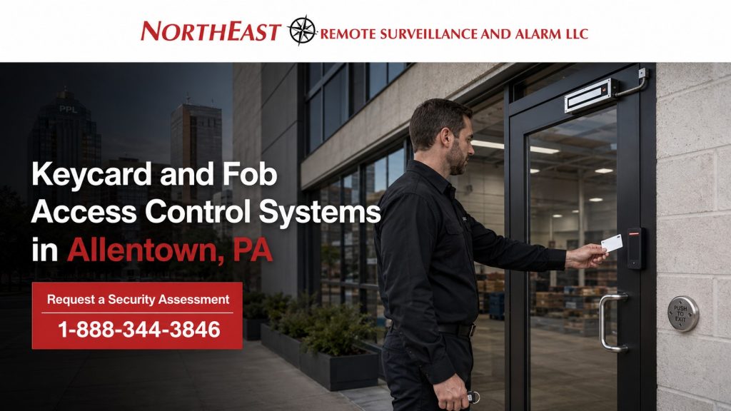 Commercial keycard, key fob and mobile credential access control readers at Allentown warehouse and industrial building entrances.