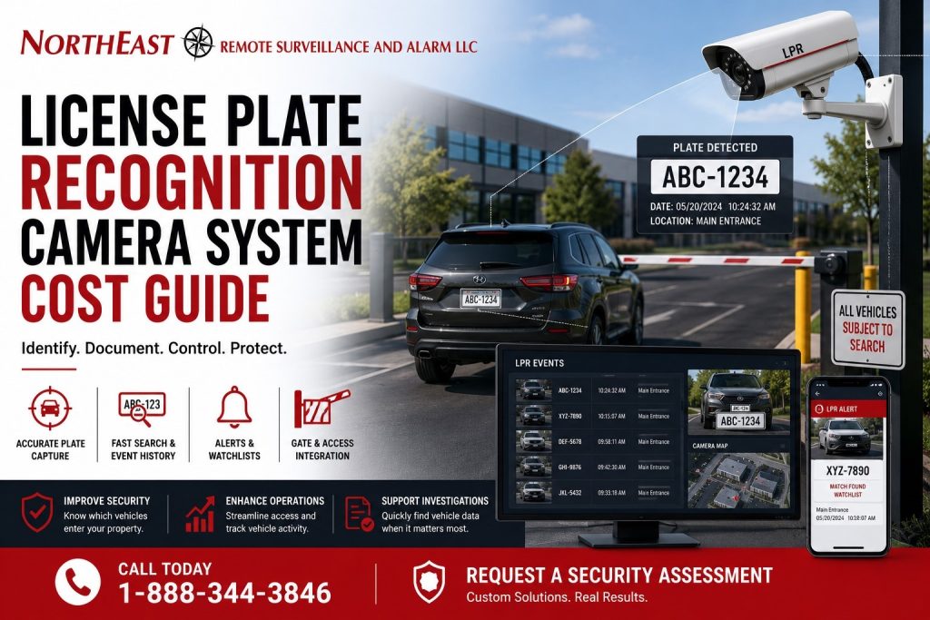 License plate recognition camera system cost guide graphic showing a commercial vehicle entrance, LPR camera, captured license plate, vehicle alert software, gate access integration, and Northeast Remote Surveillance and Alarm LLC branding.