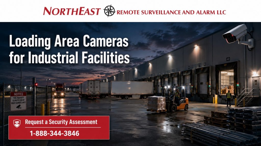 Loading area cameras for industrial facilities graphic featuring surveillance coverage for dock approaches, staged materials, trailers, forklift movement, shipping and receiving activity, exterior industrial doors, after-hours risk, and Northeast Remote Surveillance and Alarm, LLC branding.