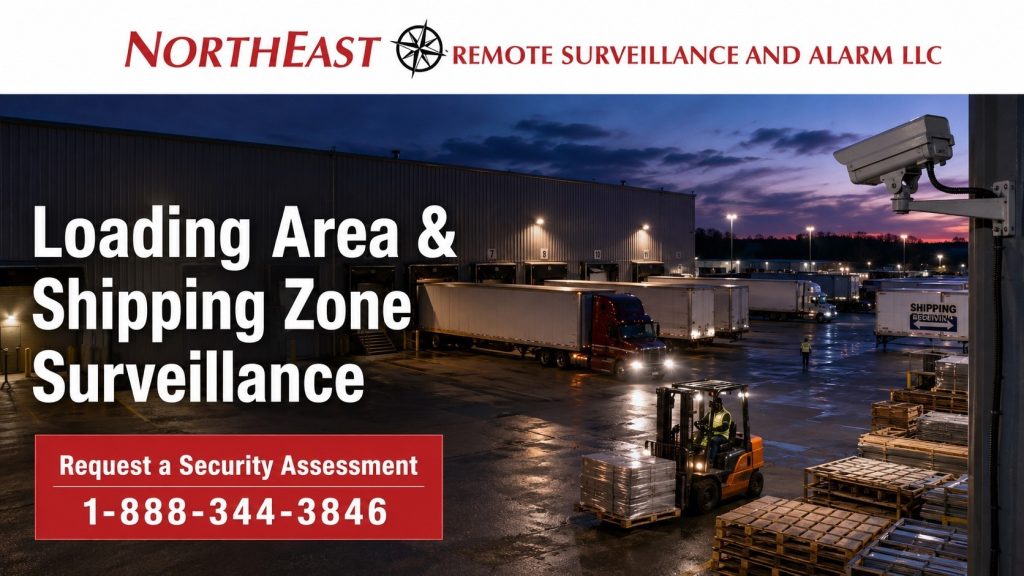 Loading area and shipping zone surveillance for an industrial facility with dock doors, trailers, staged materials, forklift activity, exterior cameras, and Northeast Remote Surveillance and Alarm, LLC branding.