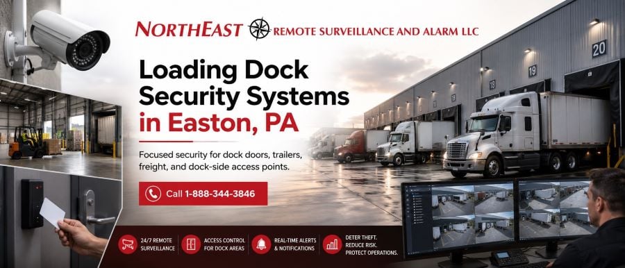 Loading Dock Security Systems in Easton, PA hero image with warehouse dock doors, tractor trailers, surveillance cameras, access control reader, remote video monitoring screens, and Northeast Remote Surveillance and Alarm LLC branding.