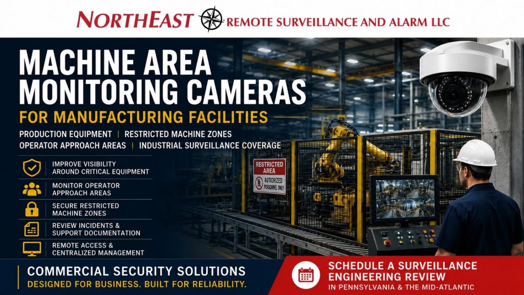 Machine area monitoring cameras for manufacturing facilities showing production equipment, restricted machine zones, operator approach areas, industrial video surveillance coverage, and Northeast Remote Surveillance and Alarm, LLC commercial security branding