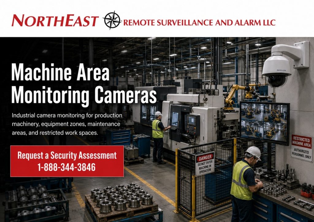 Machine area monitoring cameras graphic featuring industrial surveillance around production machinery, equipment zones, maintenance areas, restricted spaces, employee work areas, and Northeast Remote Surveillance and Alarm, LLC branding.
