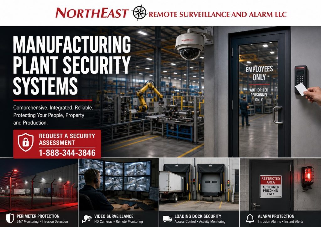 Manufacturing plant security systems graphic showing production areas, controlled employee entrances, security cameras, access control readers, loading docks, restricted rooms, alarm protection, and Northeast Remote Surveillance and Alarm LLC branding.