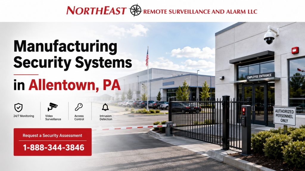 Manufacturing security systems in Allentown, PA graphic featuring light industrial facilities, employee entrances, production buildings, parking areas, access control, surveillance cameras, intrusion alarms, and Northeast Remote Surveillance and Alarm, LLC branding.