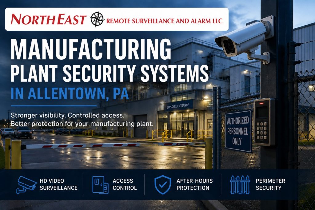 Manufacturing plant security systems in Allentown, PA showing exterior surveillance cameras, access-controlled employee entrances, fenced production facility areas, parking lot coverage, utility space protection, and Northeast Remote Surveillance and Alarm branding.
