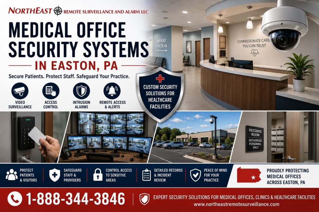 Medical office security systems in Easton, PA showing Northeast Remote Surveillance and Alarm, LLC branding with a medical reception area, surveillance camera, access control reader, remote monitoring screens, parking lot security, records room protection, and the 1-888-344-3846 phone number.
