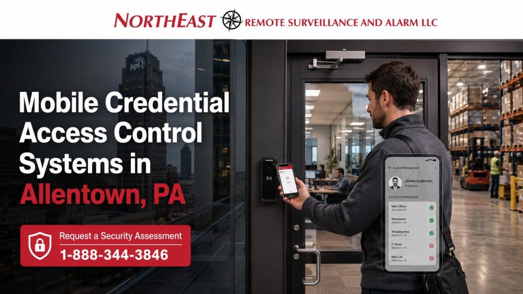 Commercial mobile credential access control readers at Allentown warehouse and industrial building entrances with smartphone-based employee access.