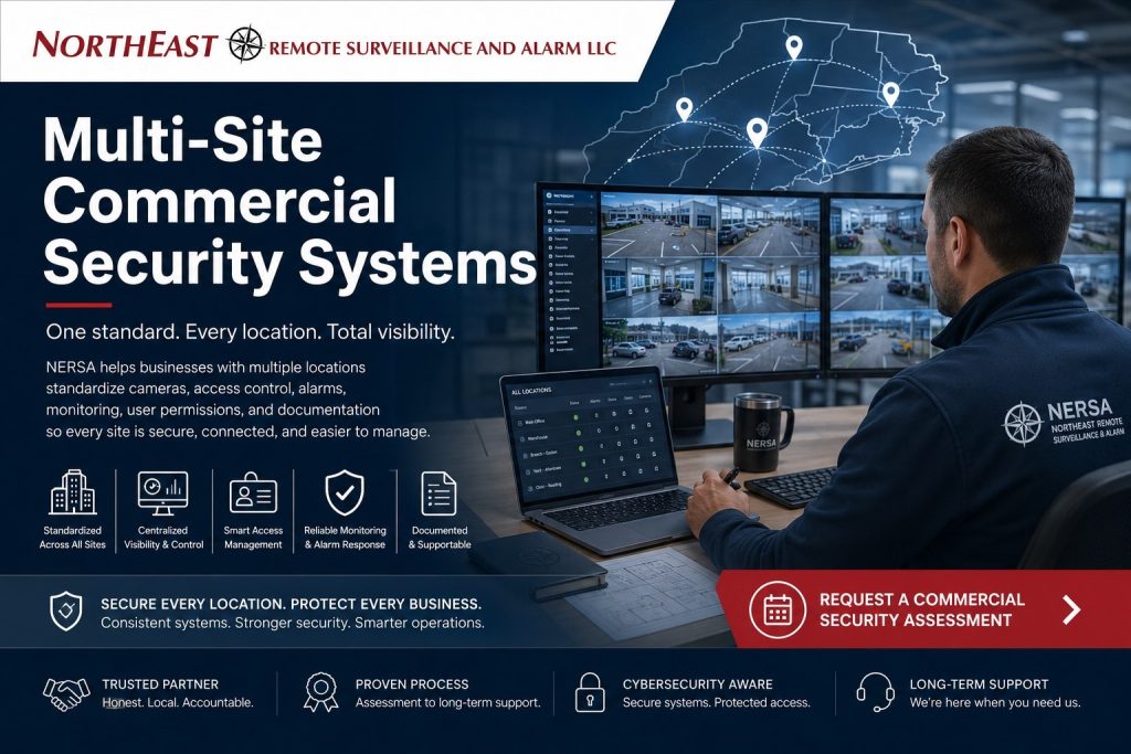Multi-site commercial security systems hero showing NERSA branding, centralized monitoring screens, Pennsylvania location map, access control, alarms, documentation, and long-term support.
