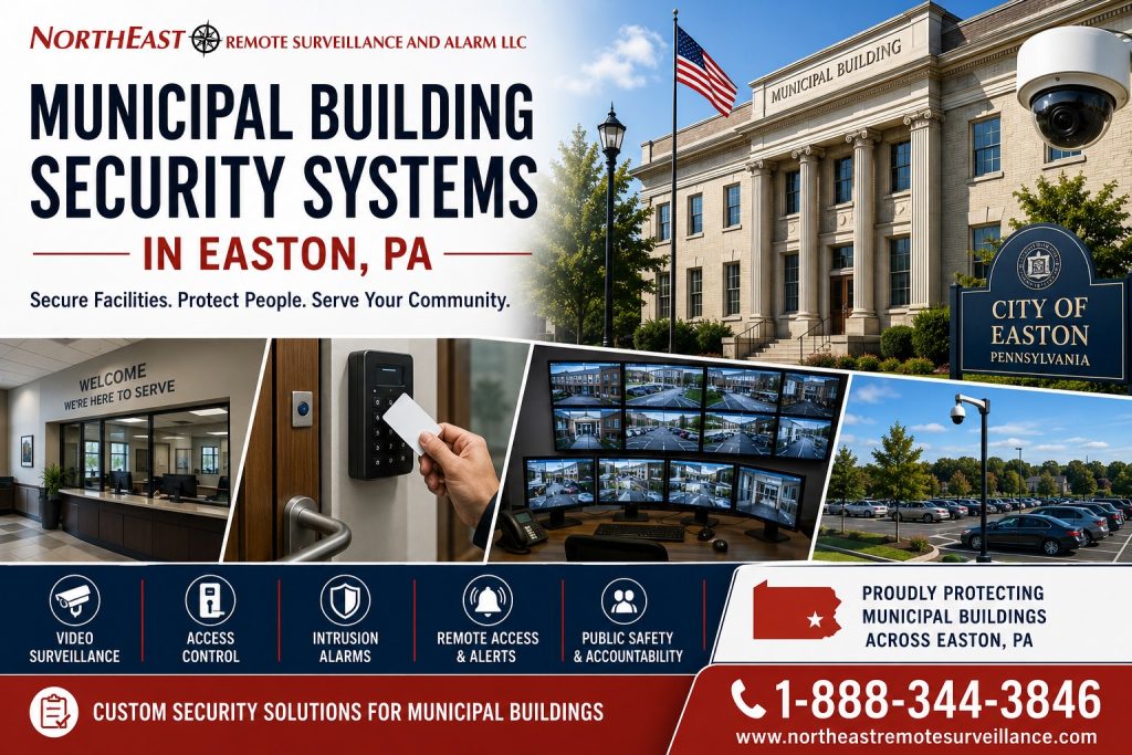 Municipal building security systems in Easton, PA showing Northeast Remote Surveillance and Alarm, LLC branding with municipal building security cameras, access control reader, remote monitoring screens, parking lot surveillance, intrusion alarm planning, and the 1-888-344-3846 phone number.