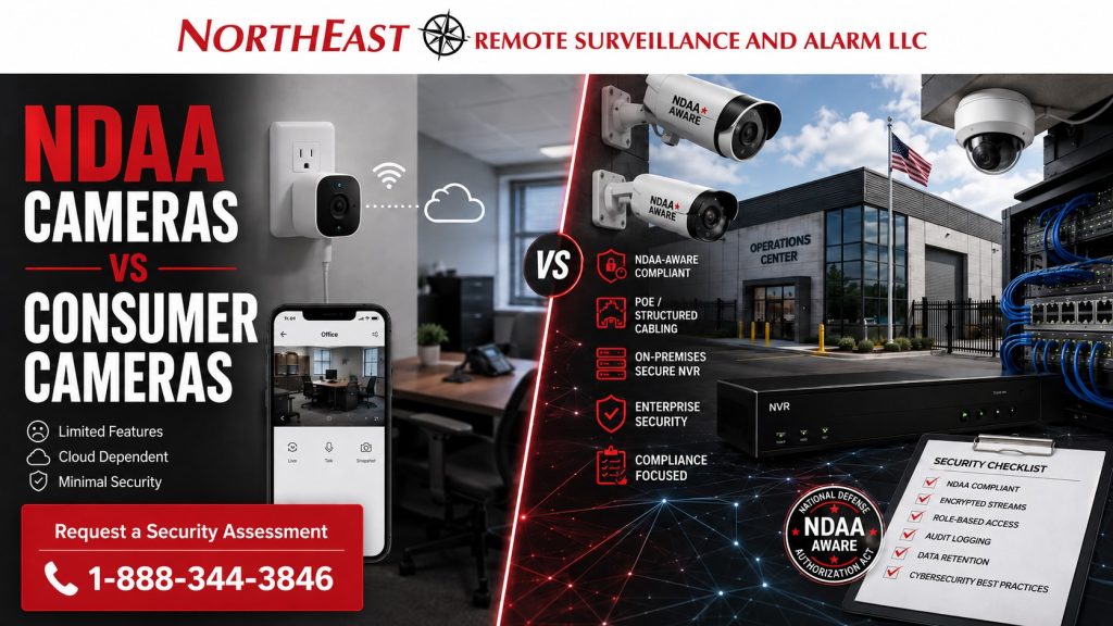 NDAA cameras vs consumer cameras comparison graphic by Northeast Remote Surveillance and Alarm, LLC showing a consumer plug-in camera and mobile app beside a professional commercial surveillance system with PoE cabling, secure NVR, compliance checklist, and warehouse security cameras.
