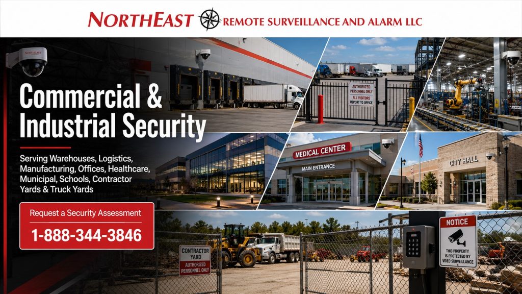 Commercial and industrial security collage for Northeast Remote Surveillance and Alarm, showing warehouses, logistics yards, manufacturing, offices, healthcare, municipal buildings, contractor yards, truck yards, cameras, gates, and access control.