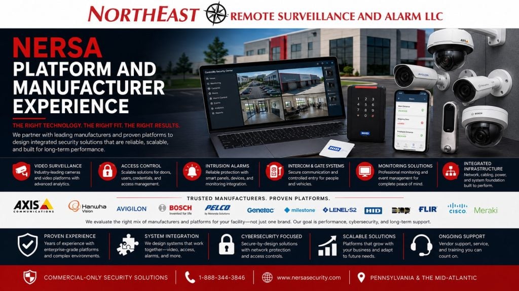 NERSA Platform and Manufacturer Experience hero showing commercial security cameras, access control devices, video management software, alarms, monitoring, cybersecurity, manufacturer platforms, and scalable security solutions for commercial and industrial properties.