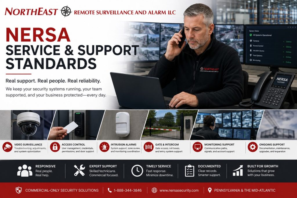 NERSA Service and Support Standards hero showing commercial security support, video surveillance, access control, intrusion alarms, gate systems, monitoring, and technician assistance.