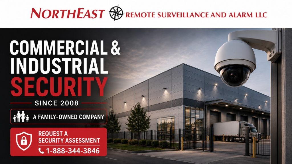 Commercial and industrial security hero for Northeast Remote Surveillance and Alarm, showing warehouse surveillance, gated truck yard security, and family-owned service since 2008.
