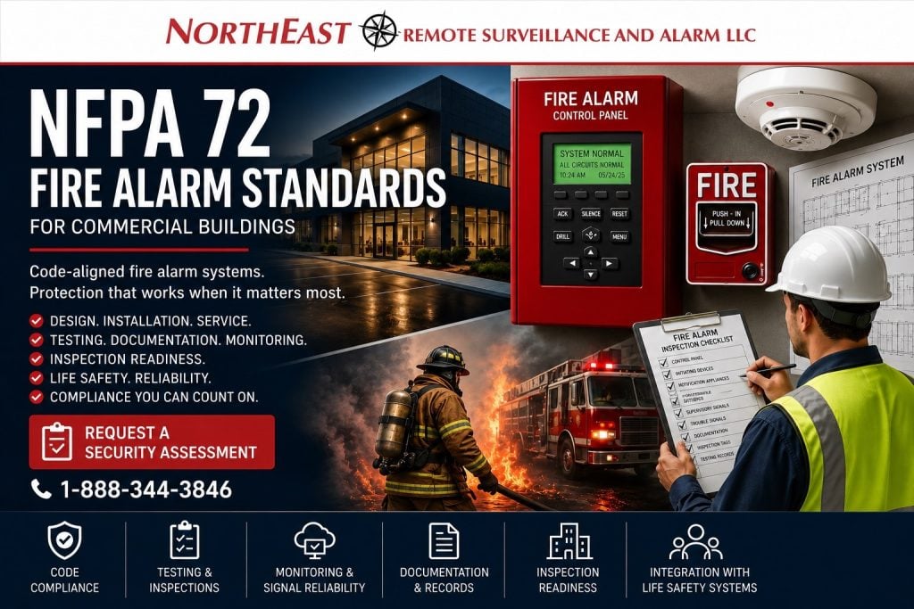 NFPA 72 fire alarm standards for commercial buildings showing alarm panel, pull station, smoke detector, inspection checklist, firefighter response, and NERSA logo.