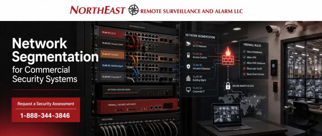 Network segmentation for commercial security systems showing NERSA branded managed switches, VLANs, firewall rules, security cameras, access control readers, video recorders, remote monitoring, and cybersecurity-aware infrastructure.