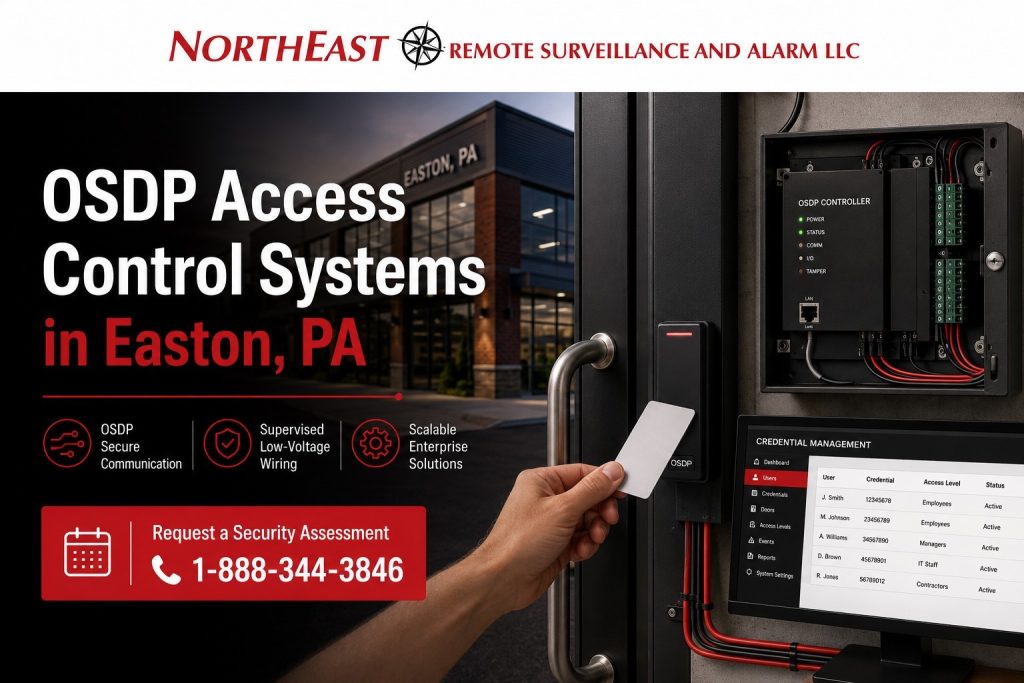 OSDP access control systems in Easton, PA showing a secure card reader, access-control panel, credential-management software, supervised reader wiring, and NERSA branding.s.