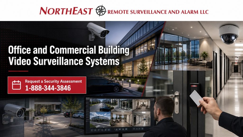Office and commercial building video surveillance system for Northeast Remote Surveillance and Alarm, LLC showing cameras monitoring building entrances, lobby areas, hallways, parking lots, access-controlled doors, and security video review for a commercial property.