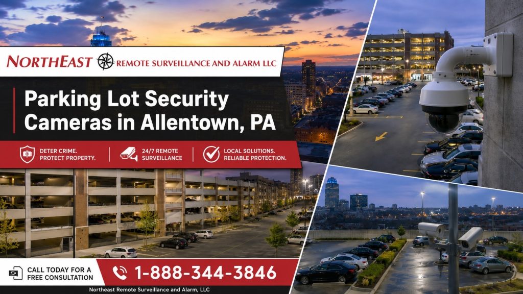 Parking lot security cameras in Allentown, PA showing downtown Allentown parking areas, surveillance camera coverage, parking garage visibility, vehicle activity, NERSA branding, and phone number 1-888-344-3846.