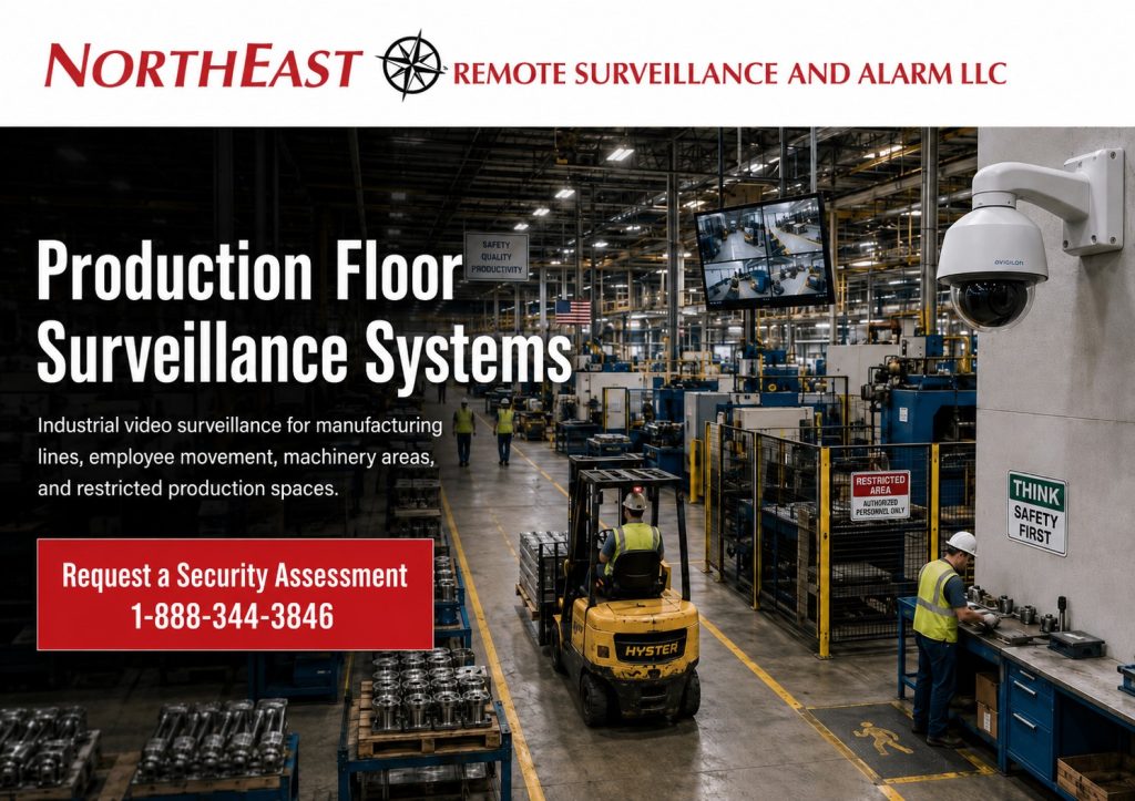 Production floor surveillance systems graphic by Northeast Remote Surveillance and Alarm, LLC showing industrial cameras monitoring manufacturing lines, forklift routes, employee work zones, machinery areas, restricted spaces, and red, white, and black NERSA branding.