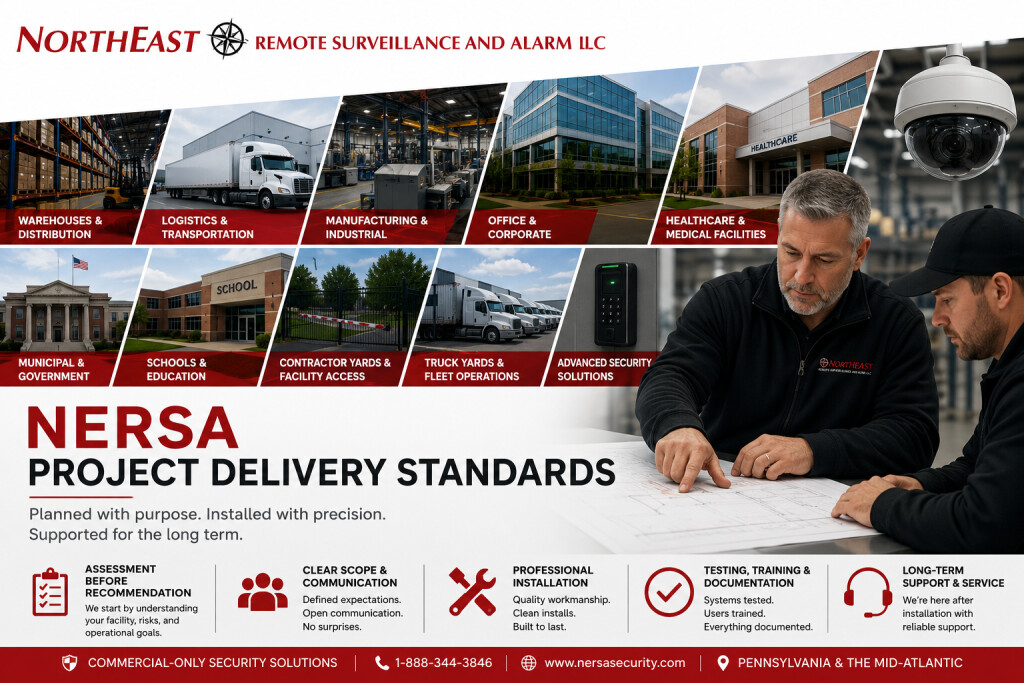 NERSA Project Delivery Standards hero showing commercial security planning, warehouse, logistics, manufacturing, office, healthcare, municipal, school, contractor yard, truck yard, access control, surveillance, and security experts reviewing project plans.